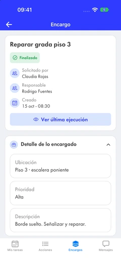 Detalle de un encargo finalizado: quién lo pidió, responsable, ubicación, prioridad y descripción