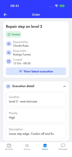 A finished order’s details: who requested it, who is responsible, location, priority, and description