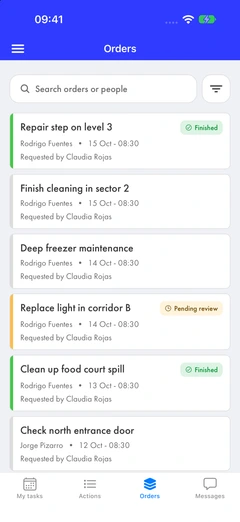 A mall maintenance order list, such as repairing a step or finishing a cleanup, showing finished orders and orders awaiting review