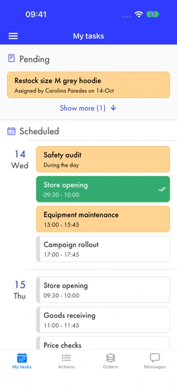 A store manager’s tasks over several days: store opening submitted, an all-day safety audit, equipment maintenance, and campaign rollout