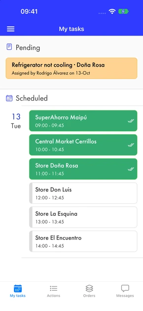 A merchandiser’s tasks: today’s route with six visits, three already submitted
