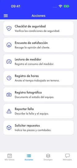 Acciones de un técnico: checklist de seguridad, encuesta de satisfacción, lectura de medidor, registro de horas, registro fotográfico, reportar falla y solicitar repuestos