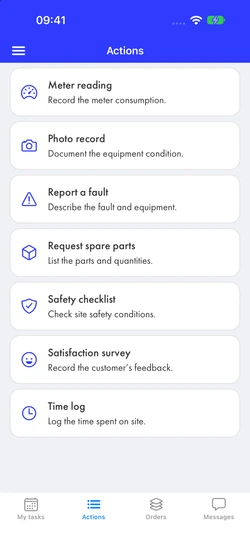 A technician’s actions: meter reading, photo record, fault report, spare parts request, safety checklist, satisfaction survey, and time log