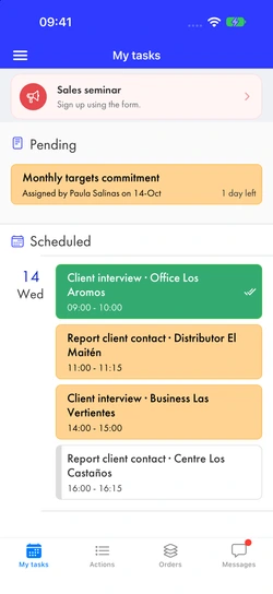 A sales rep’s tasks: a sales seminar notice, a pending monthly targets commitment, one-hour client interviews and 15-minute contact reports